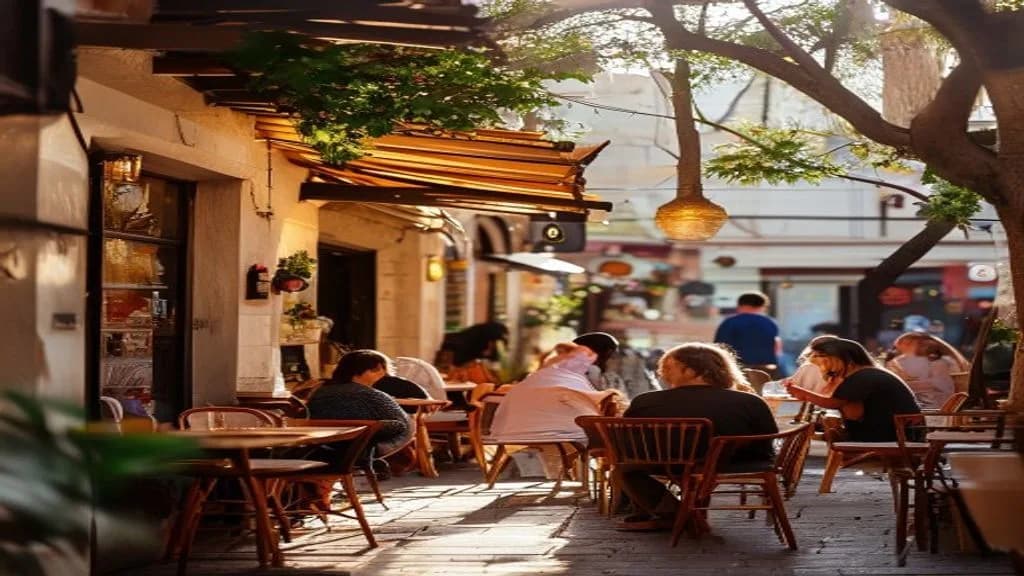 Belebte Café-Terrasse in Paphos, Menschen plaudern im warmen Abendlicht