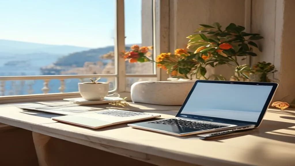 A smartphone and an open laptop on a sunny desk by a Mediterranean window