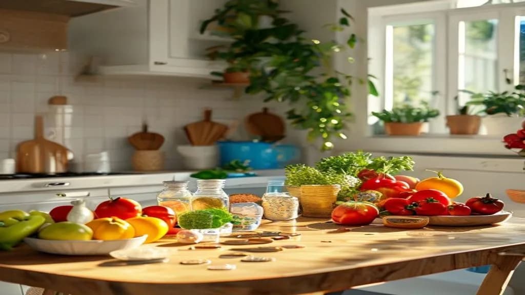 Heller mediterraner Küchentisch mit Lebensmitteln, frischem Obst/Gemüse und Euro-Münzen