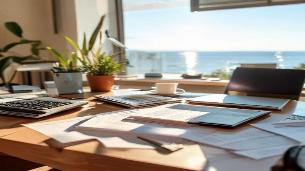Sunlit modern home-office desk overlooking the Mediterranean, with documents, a calculator and a laptop