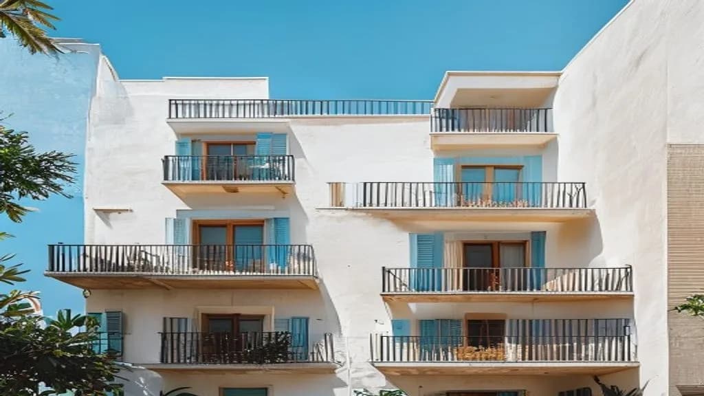 Modernes mediterranes Wohnhaus mit Balkonen und Fensterläden, blauer Himmel