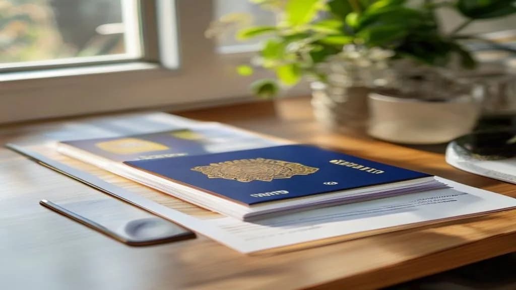 An EU passport and official application documents laid out on a clean desk
