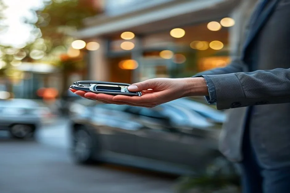 A car salesperson handing over a car key outside a dealership