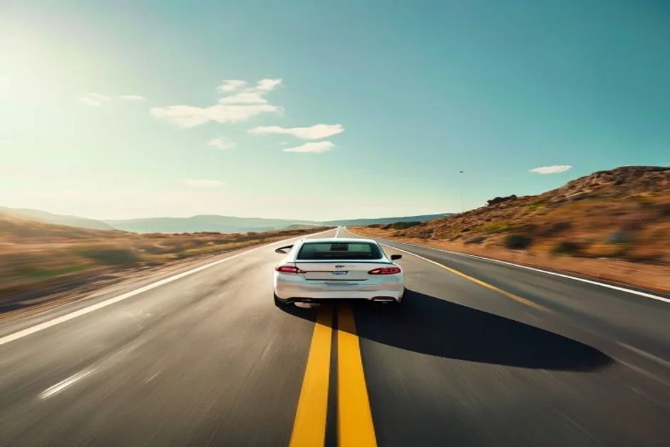 A car driving on a sunny highway, motion blur on the road