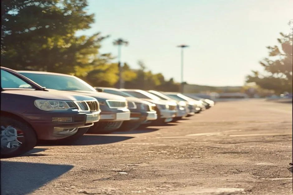 A row of parked cars at a sunny lot