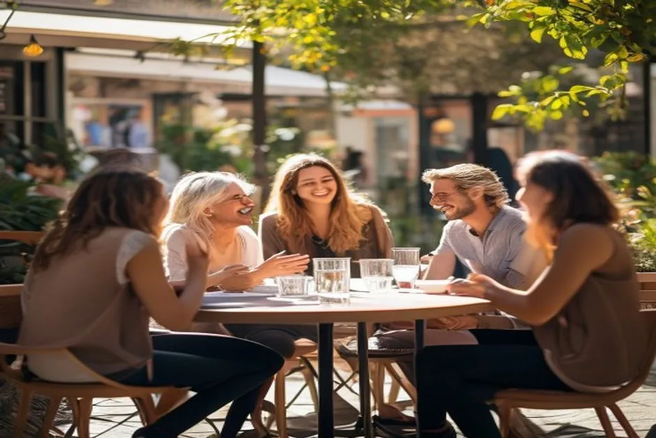 Menschen plaudern und lachen an einem Café-Tisch im Freien