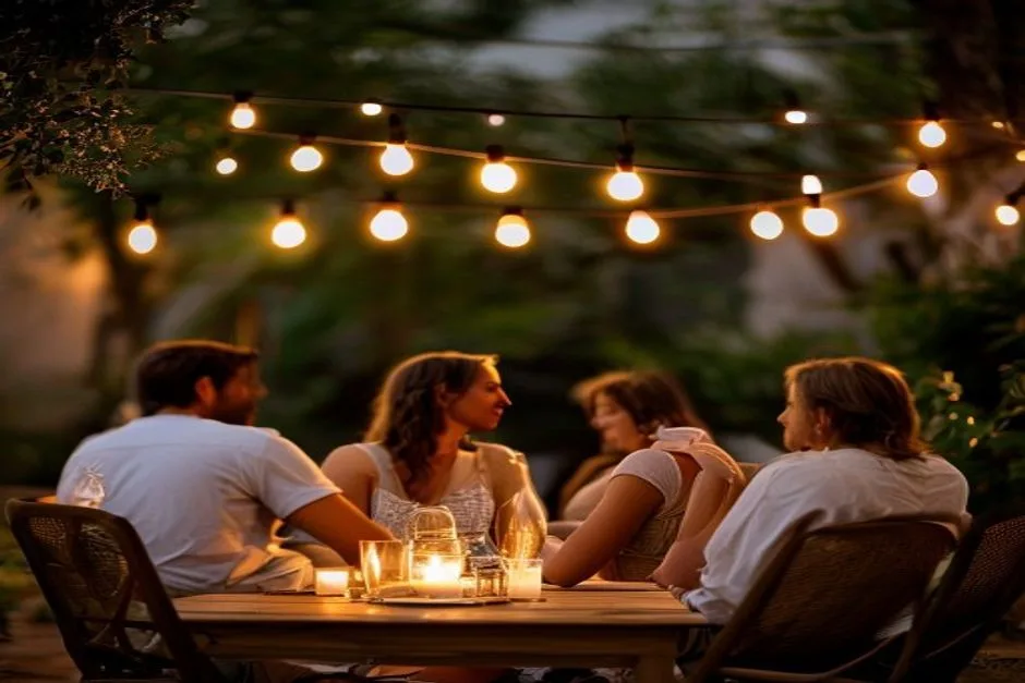 Entspanntes Abend-Event unter warmen Lichterketten