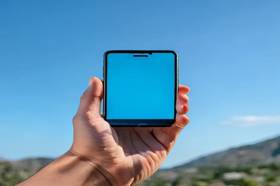 A hand holding a smartphone showing a connectivity/signal screen, blue sky behind
