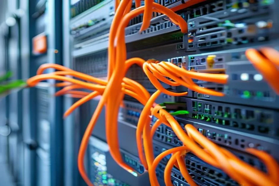 A network rack with a switch and orange fibre-optic cables
