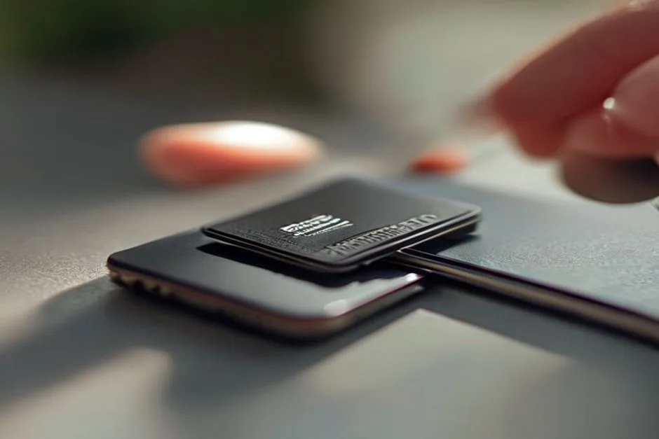 Close-up of a SIM card being inserted into a smartphone tray