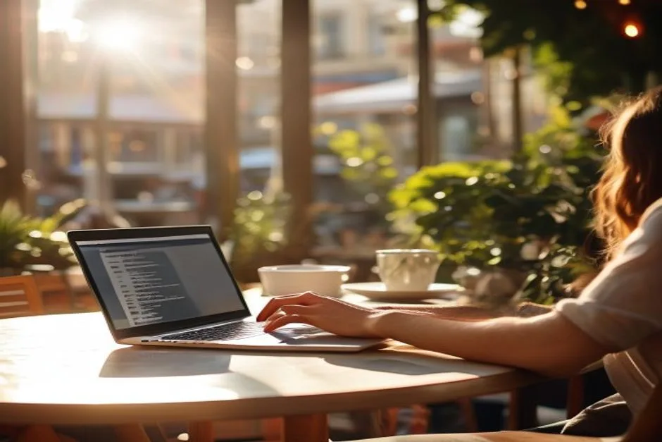 A person working online with a laptop at a sunny café table