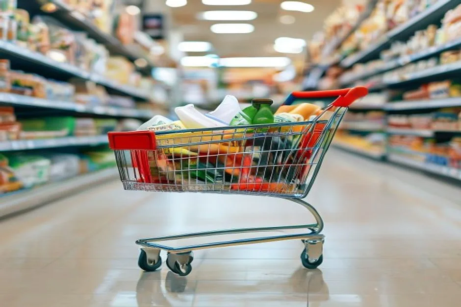 Einkaufswagen voller Lebensmittel in einem hellen Supermarktgang