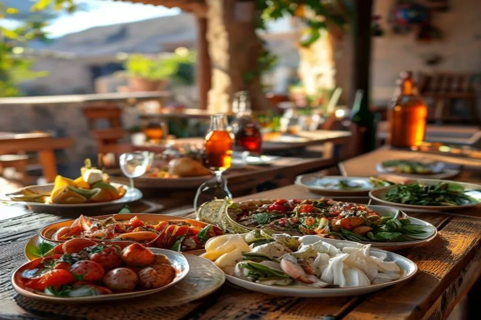 Entspannter Taverna-Tisch mit Mezze-Tellern und Getränken