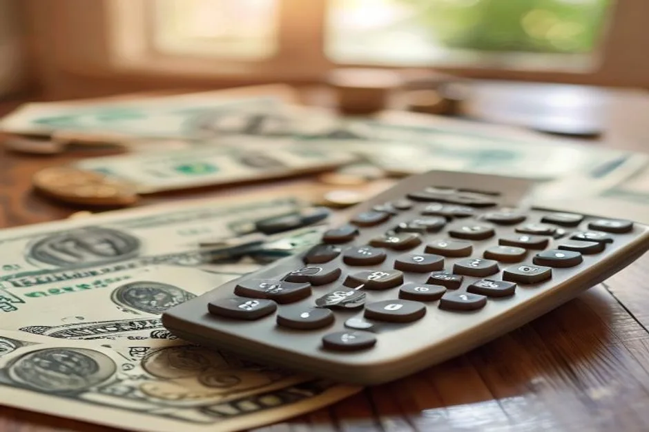 A calculator on a desk with money blurred in the background
