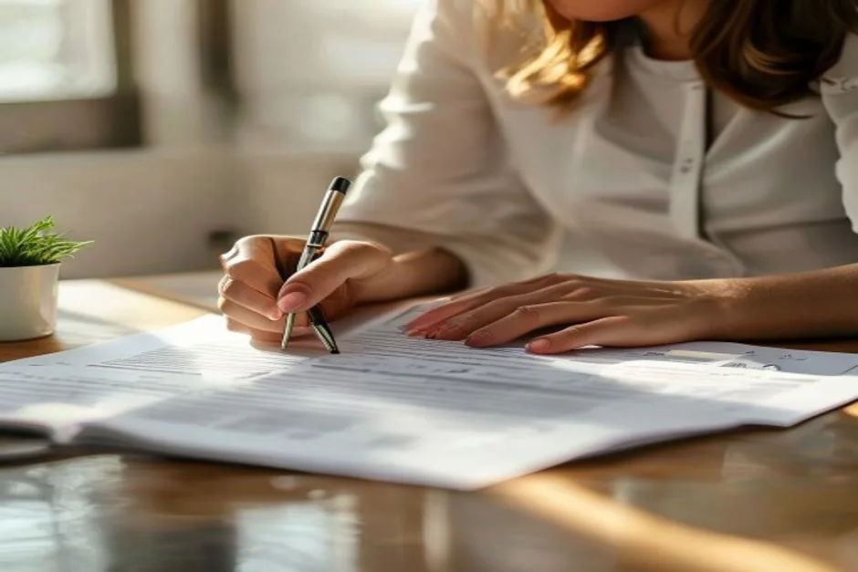 A person at a desk reviewing and signing financial paperwork