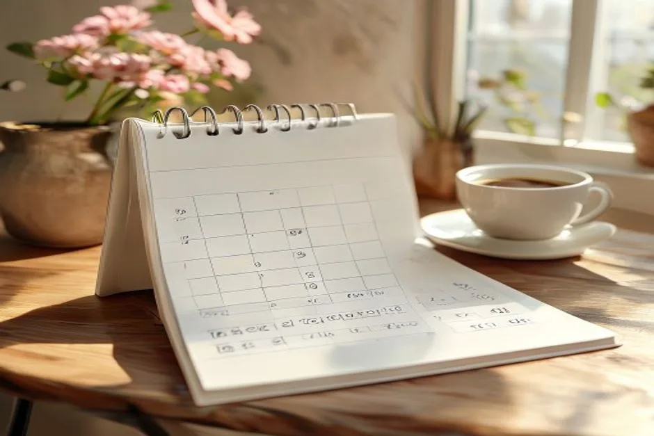 A desk calendar/planner with several days marked, next to a coffee