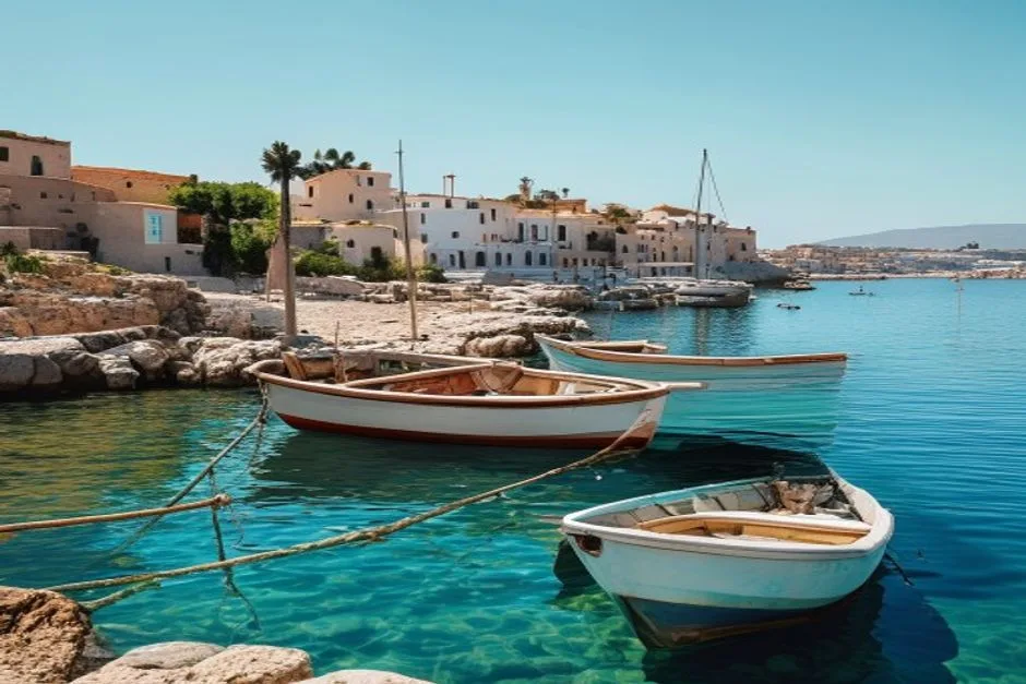 Paphos harbour with traditional fishing boats and the old town