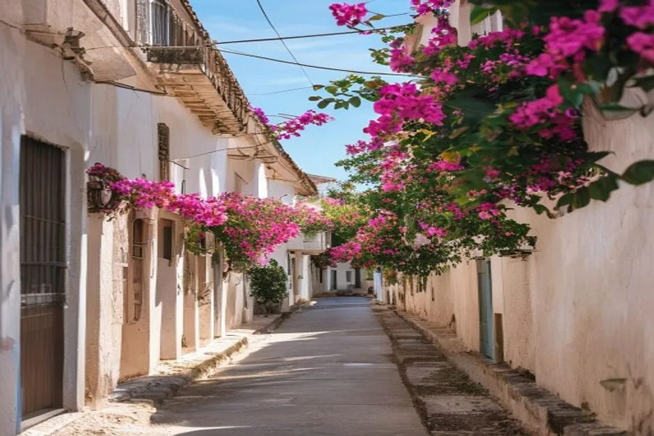 A quiet residential street with Mediterranean houses and bougainvillea