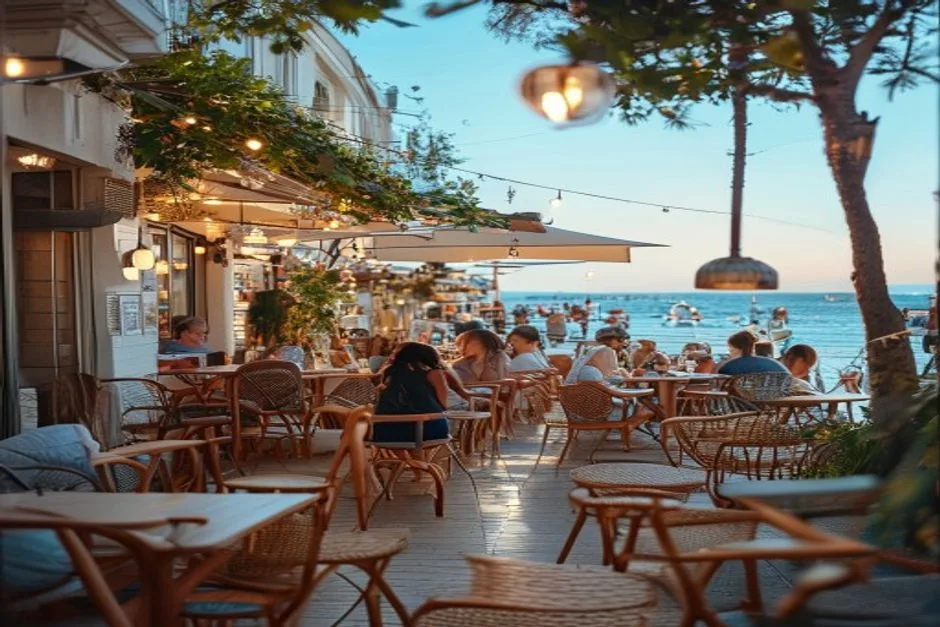 A lively seaside café terrace with people enjoying the evening