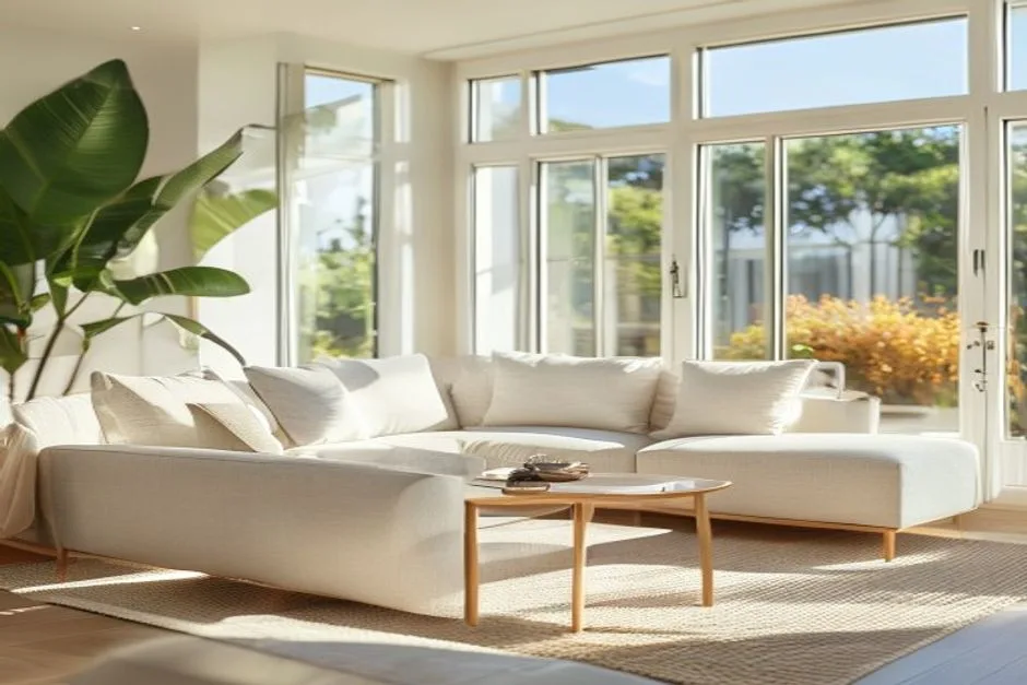 Helles, modernes Wohnzimmer mit Sofa und großen Fenstern