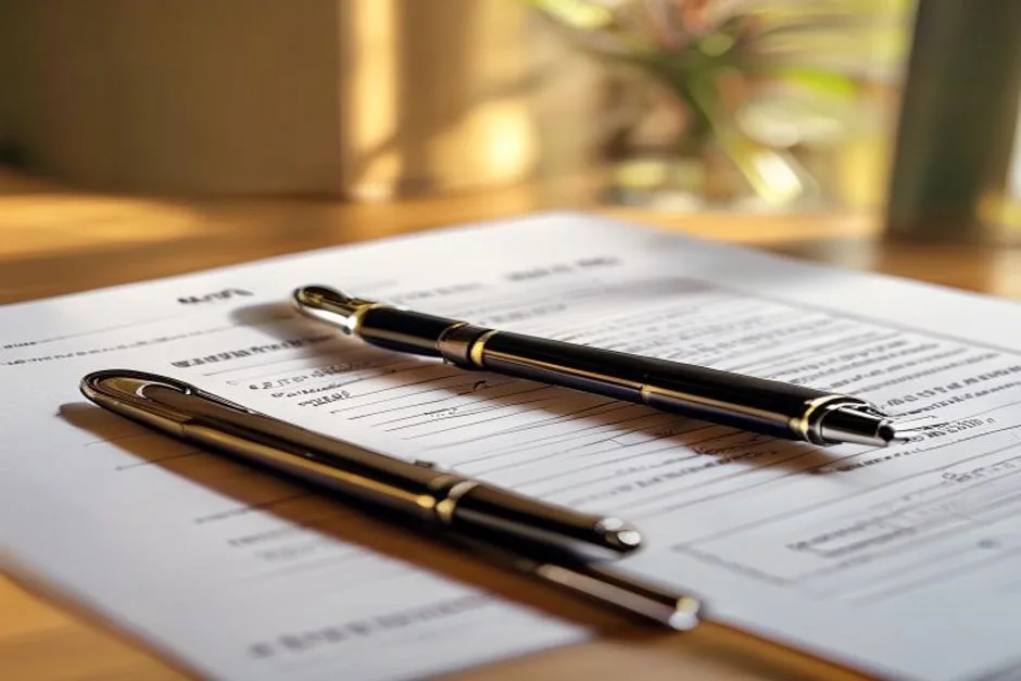 Mietvertrag mit Unterschriftsfeldern, Stift und einem Schlüsselbund