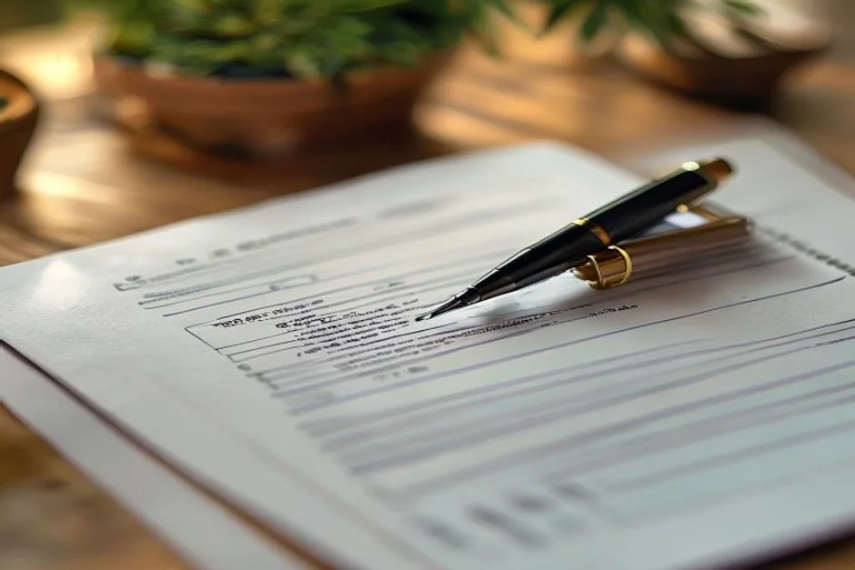 An official registration form with signature fields and a pen